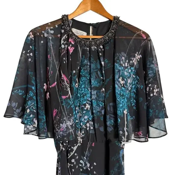 Teri Jon Rickie Freeman Chiffon Capelet Black Floral Cocktail Midi Dress 8